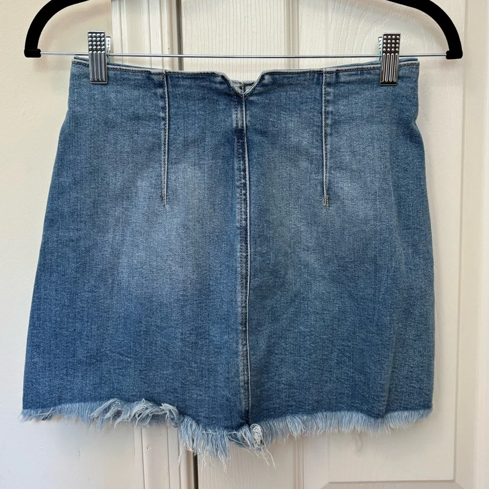 Altar’d State Cotton Blend Front Button Up Jean Shirt with Distressed Bottom